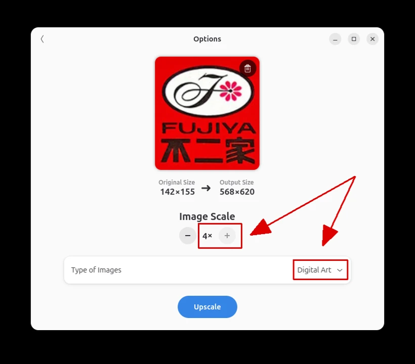 アップスケールする画像の入力。設定は「Digital Art」で倍率は4倍。