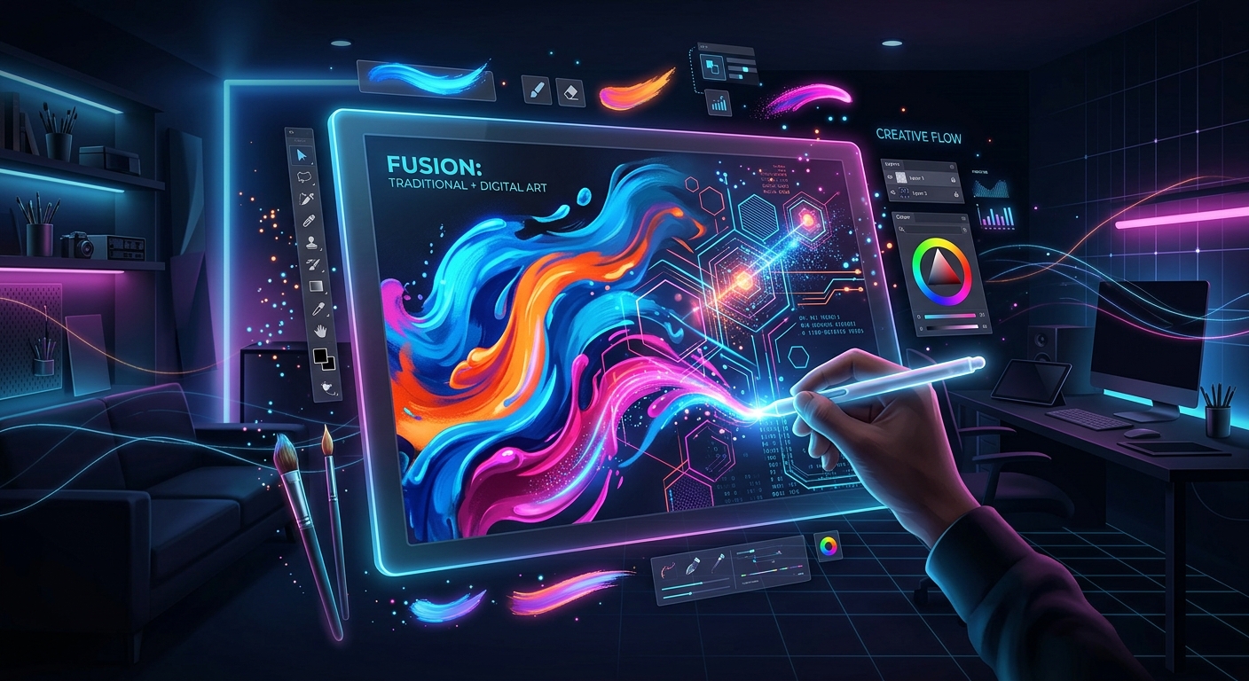 「FUSION: TRADITIONAL + DIGITAL ART」の文字とともに、ペンタブレット画面に鮮やかな流体アートとデジタル回路を描く様子